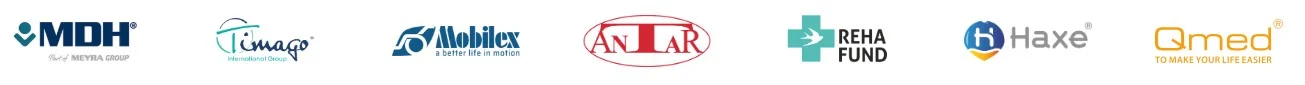 Logotypy producentów sprzętu rehabilitacyjnego MDH Meyra, Timago, Mobilex, Antar, Reha Fund, Haxe, Qmed